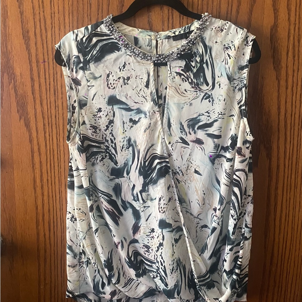 Ro & De  Sparkle Beads Black Silver Collar Medium Sleeveless Blouse Marble Print
